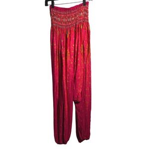 Hot Pink Peacock Print Harem Pants Smocked Waist High Rise Hippie Boho Cotton OS